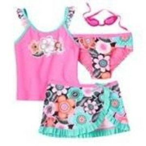 Girls 4 Pc Swimsuit 4 Pink Green Tankini, Bikini, Skirt, Goggles ZeroXposur